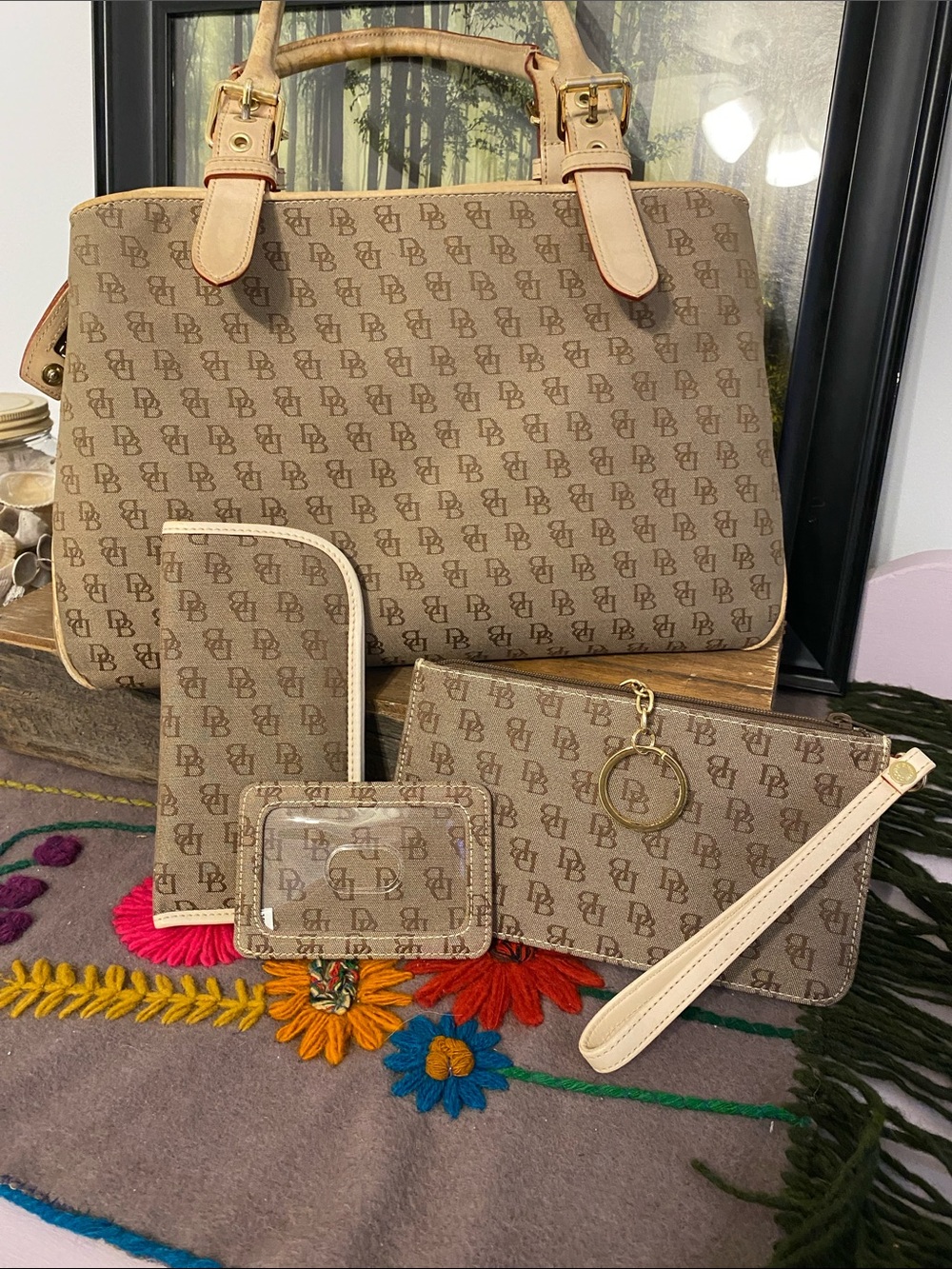 Dooney two tone Brown Canvas Bag with Matching eyeglass, wristlet and ID